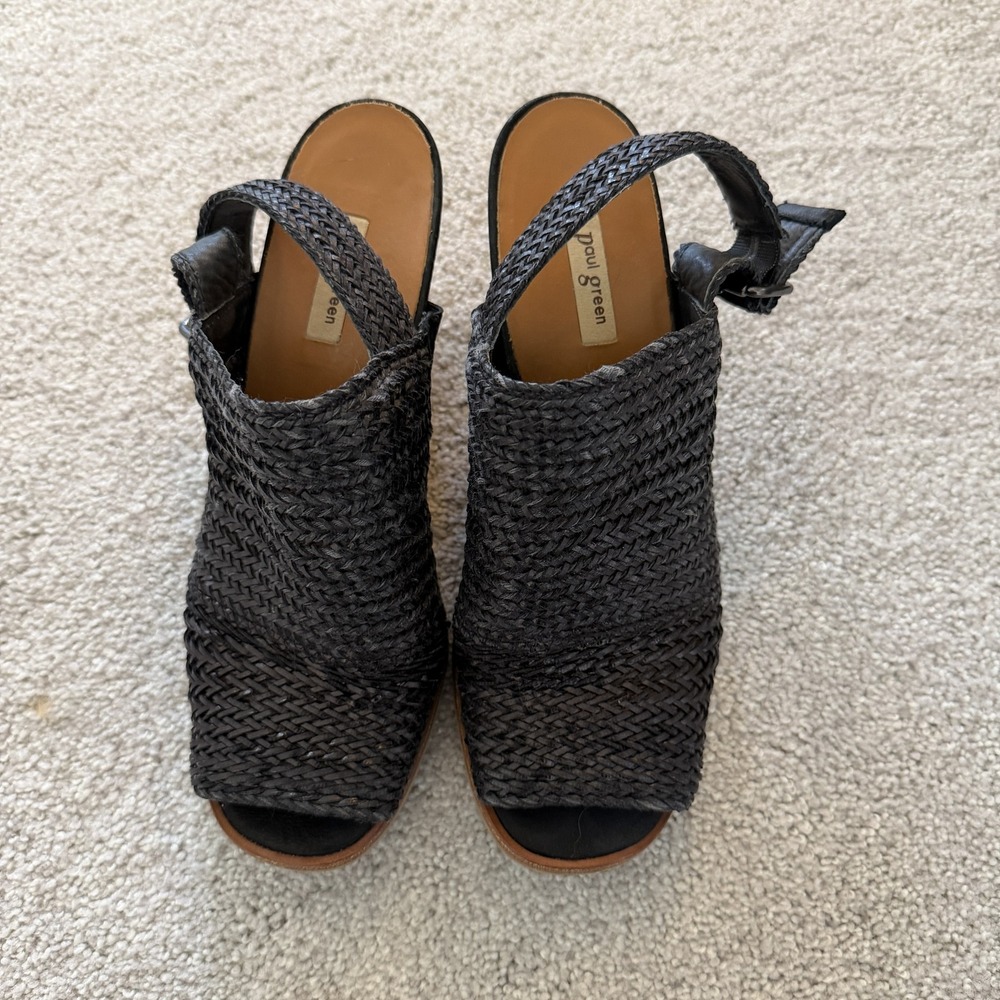 Paul Green Lovely Woven Slingback Sandal Shoes Womens 8 Black Leather Block Heel